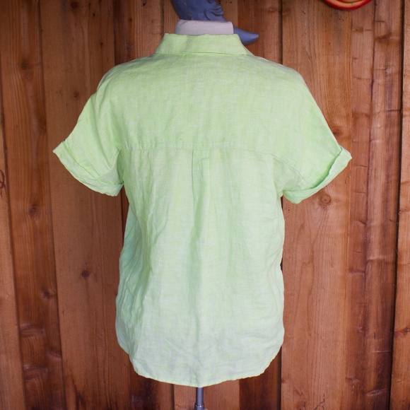 Tahari 100% Linen Lime Green Button Down Short Sleeve Blouse Size XS - Picture 12 of 16